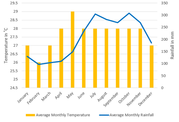 a line and bar graph showing weather averages for St Vincent & The Grenadines