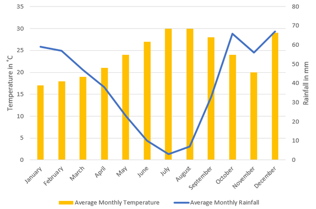 a bar and line graph showing average temperature and rainfall in Tunisia