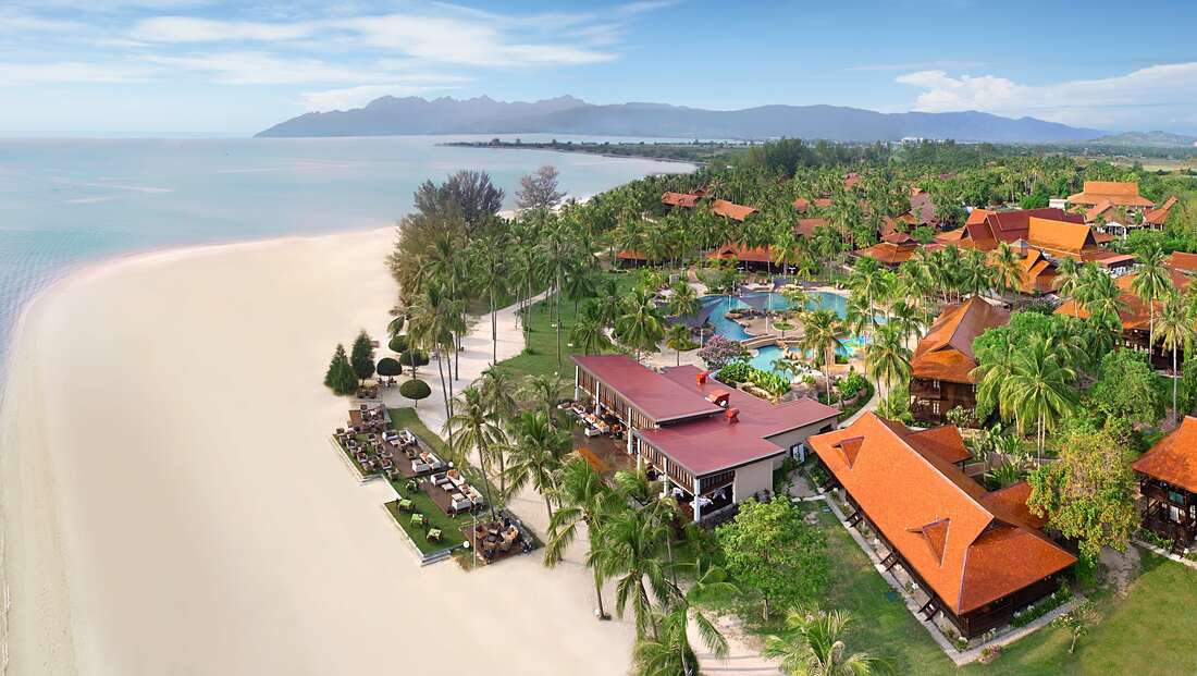 Looking down on Pelangi Beach with the resort on one side and the beach on the other
