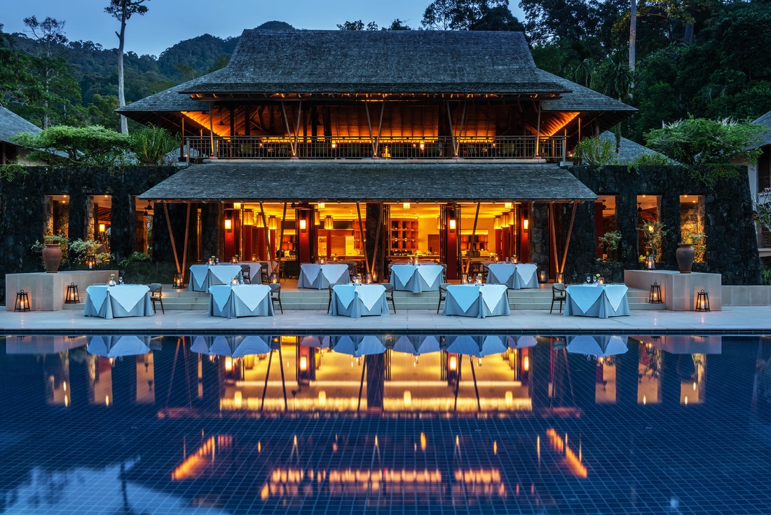 Looking at the infinity pool and open air reception at the Datai, Langkawi