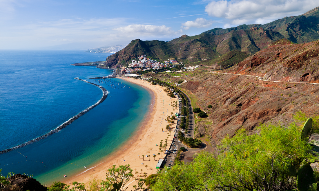 looking down on a long stretch of beach in the canary islands