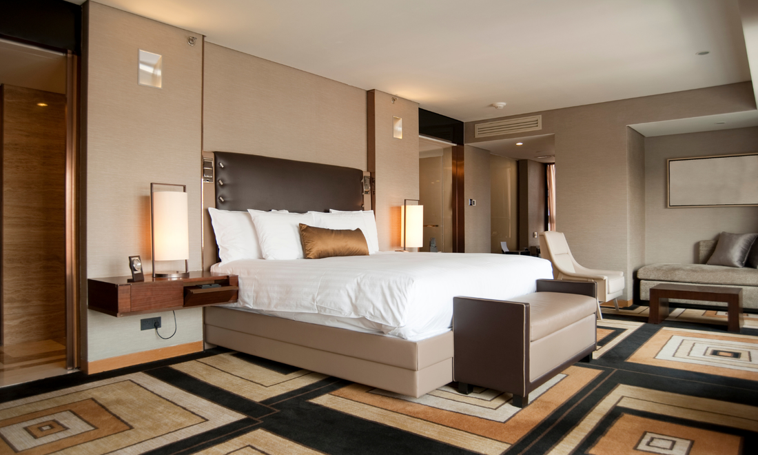 a modern designed large hotel bedroom